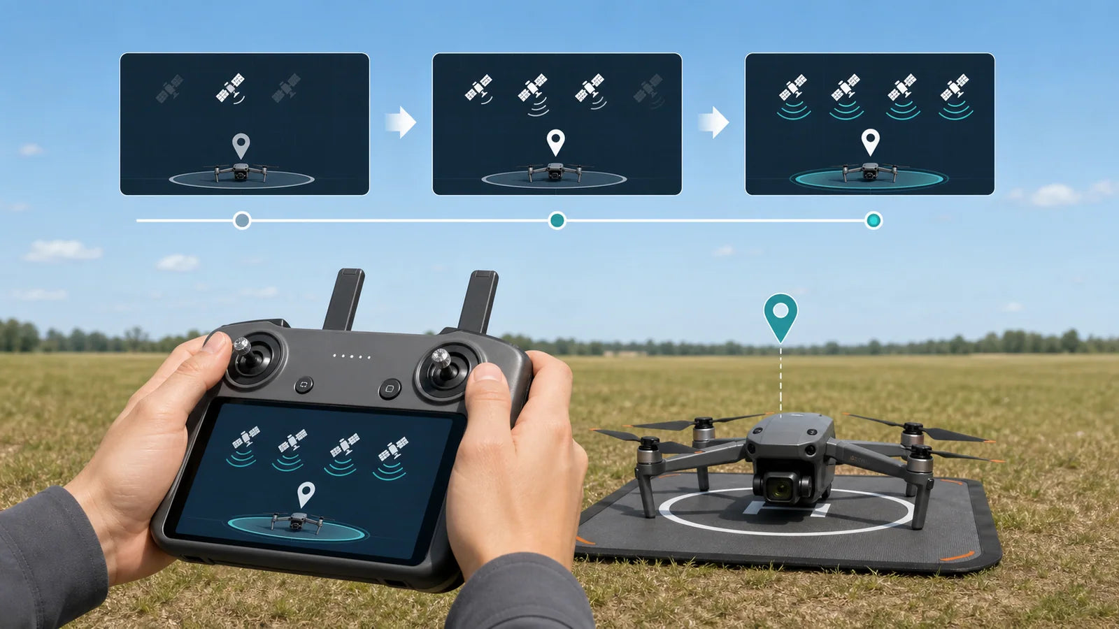 Drone resting on a level launch pad while a screen controller waits for satellite positioning and home point readiness