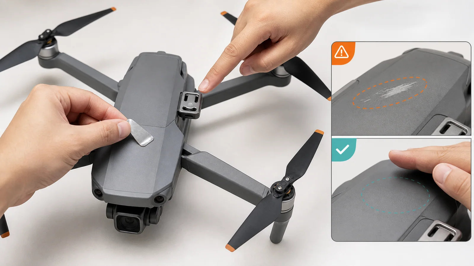 Powered-off drone checked for a metal sticker accessory and top-shell impact marks