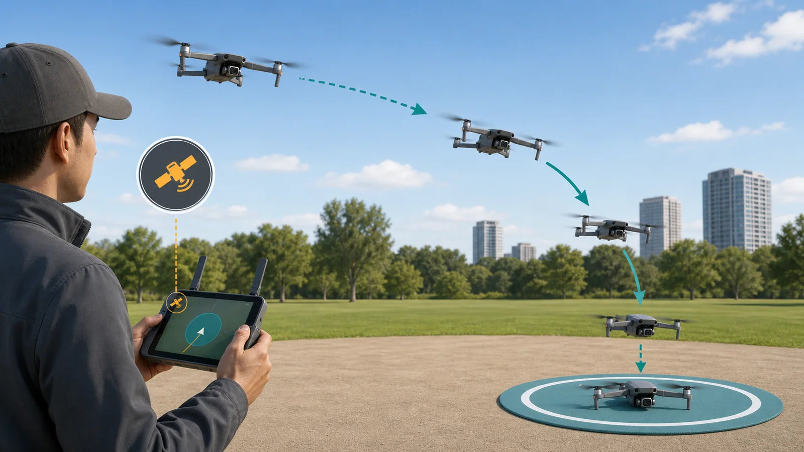 Pilot bringing a drone closer and landing after a weak satellite positioning warning
