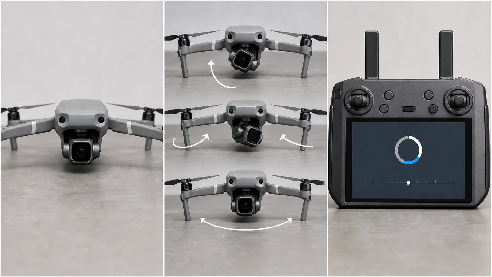 Drone gimbal startup movement followed by automatic calibration and small horizon adjustment