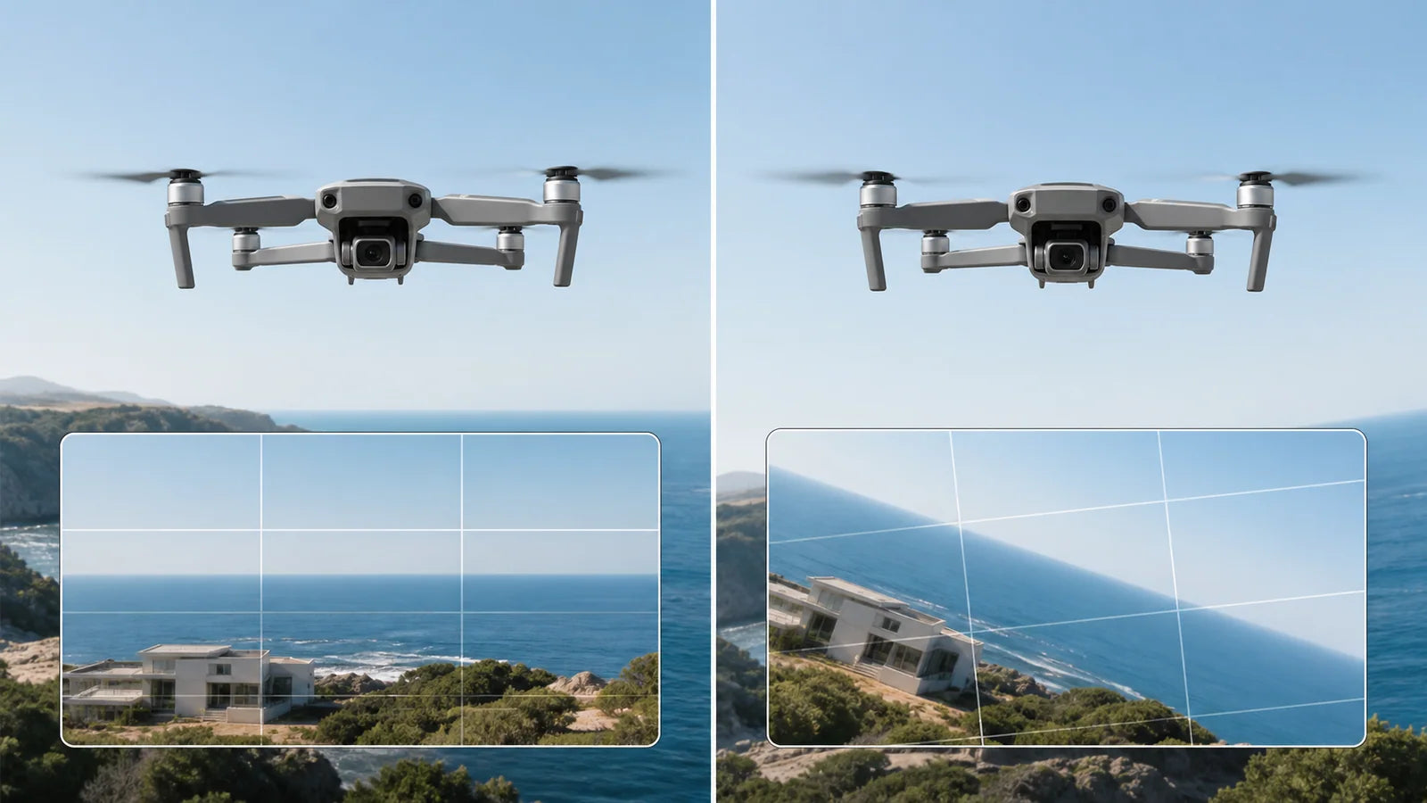 Level and tilted drone camera horizons compared with grid lines