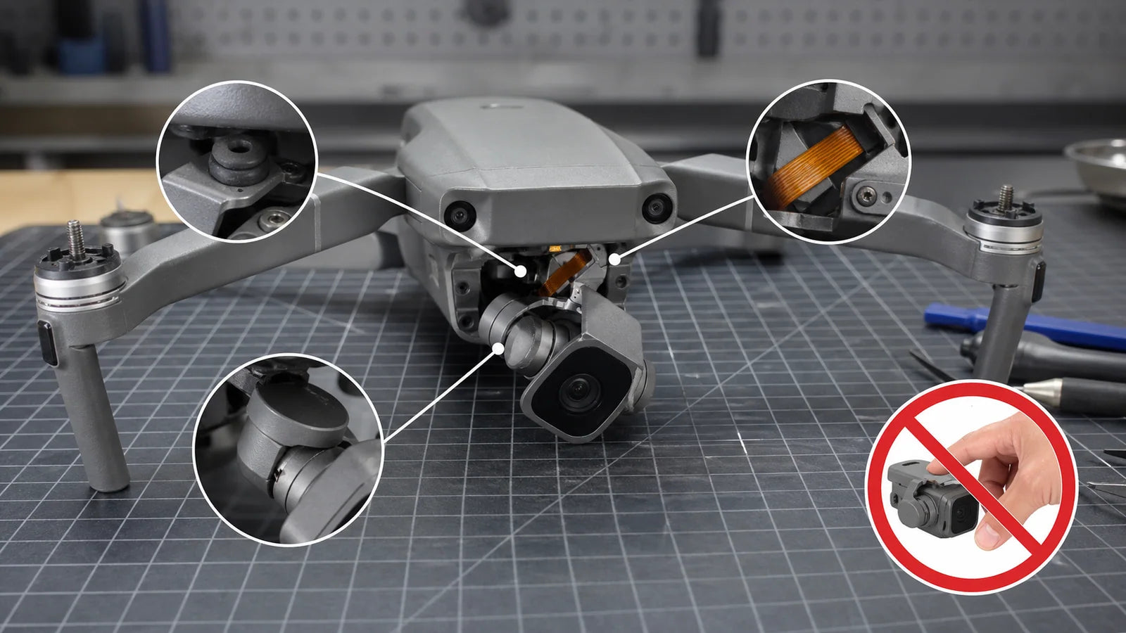 Post-crash drone gimbal inspection for a displaced damper, strained cable, and binding axis