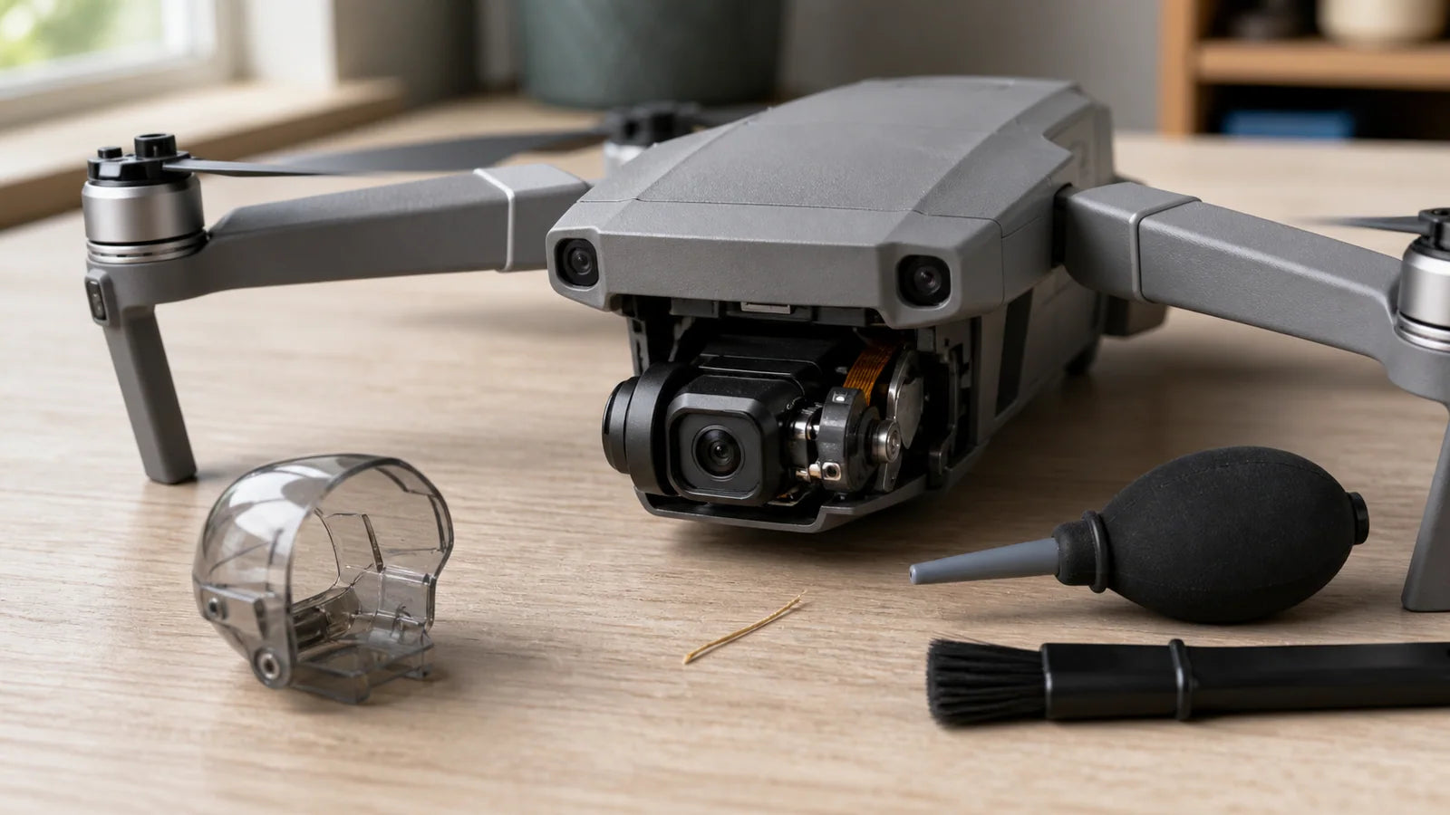 Drone gimbal cover removed for an obstruction and cable inspection