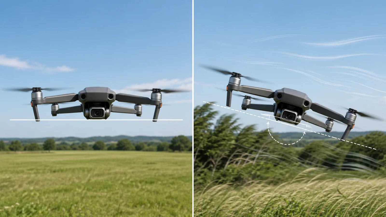 Drone body level in calm air and banking into a crosswind near the gimbal movement limit