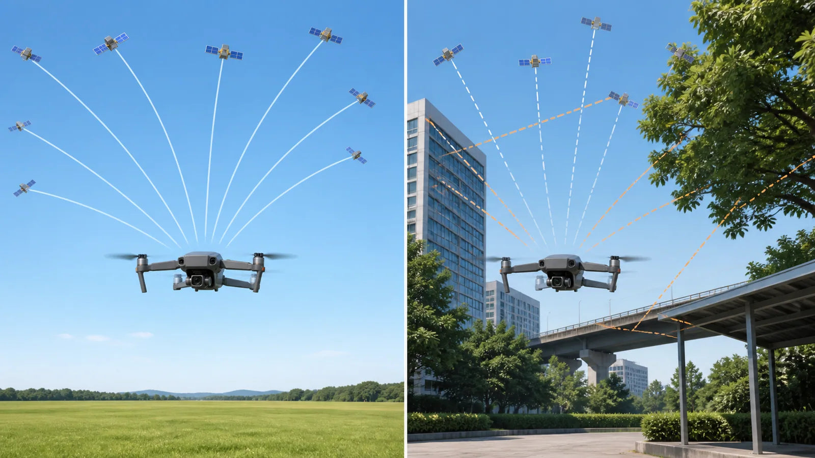Drone GPS reception compared in an open field and near buildings trees and a bridge